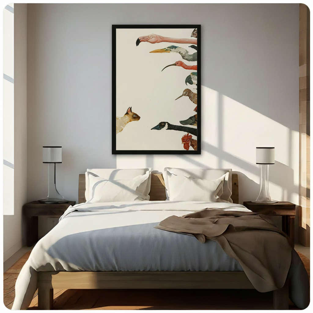 Framed Siamese cat confronting exotic bird heads vintage natural history illustration above wooden bed in sunlit bedroom – quirky flamingo owl rooster canvas wall art for bedroom decor