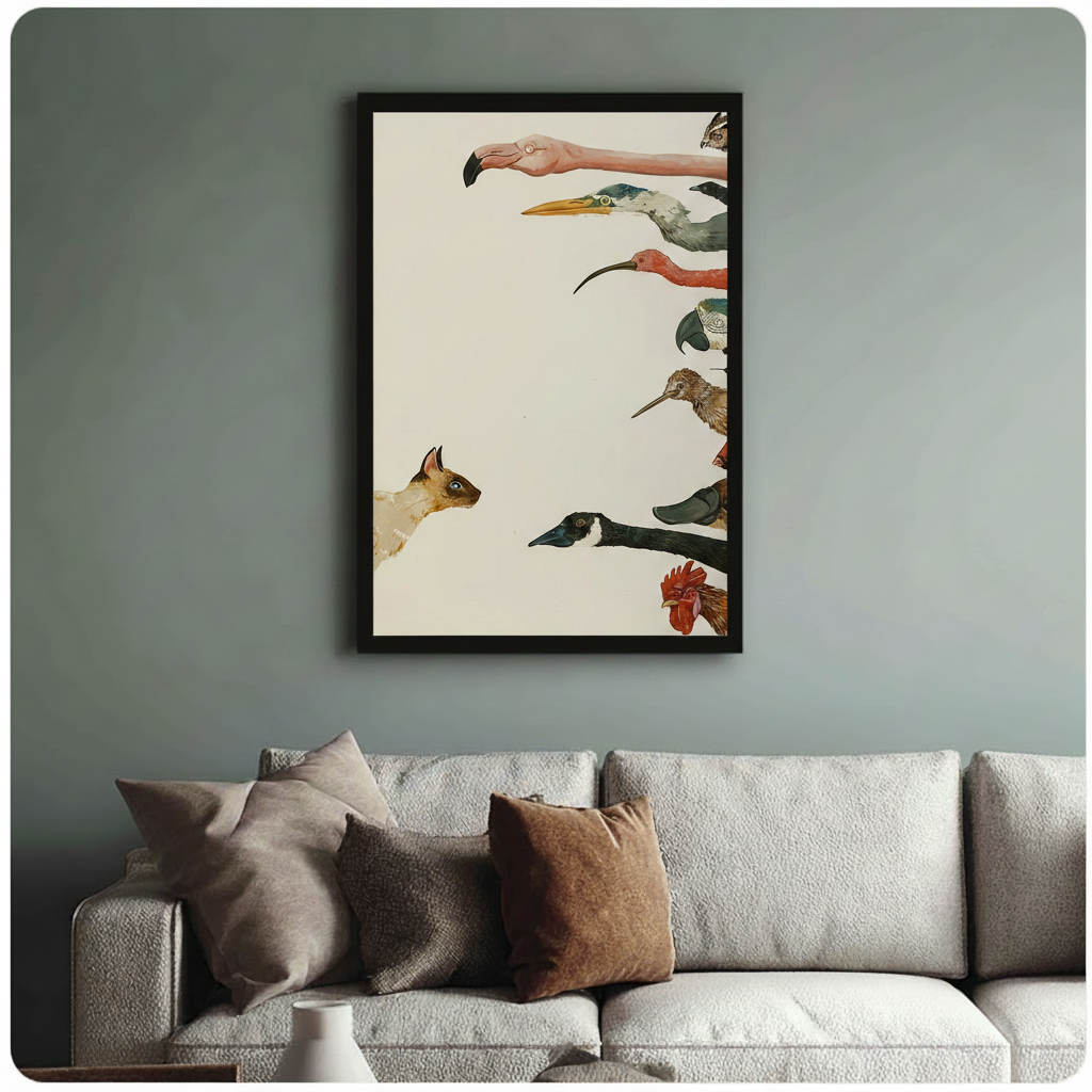 Framed Siamese cat vs exotic birds vintage natural history illustration above cream sofa on sage grey wall – eclectic bird collection canvas wall art for living room decor