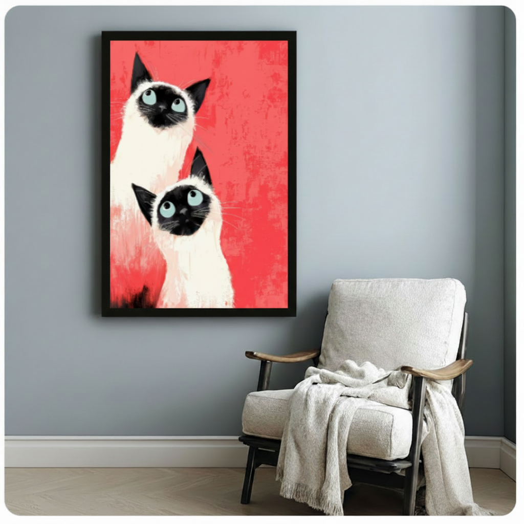 Black framed modern expressionist oil painting two Siamese cats with teal blue eyes and black facial markings gazing forward on vivid red textured background canvas print beside white linen armchair on blue-grey wall - bold Siamese cat duo wall art with brushstroke coral red background for reading nook or bedroom decor