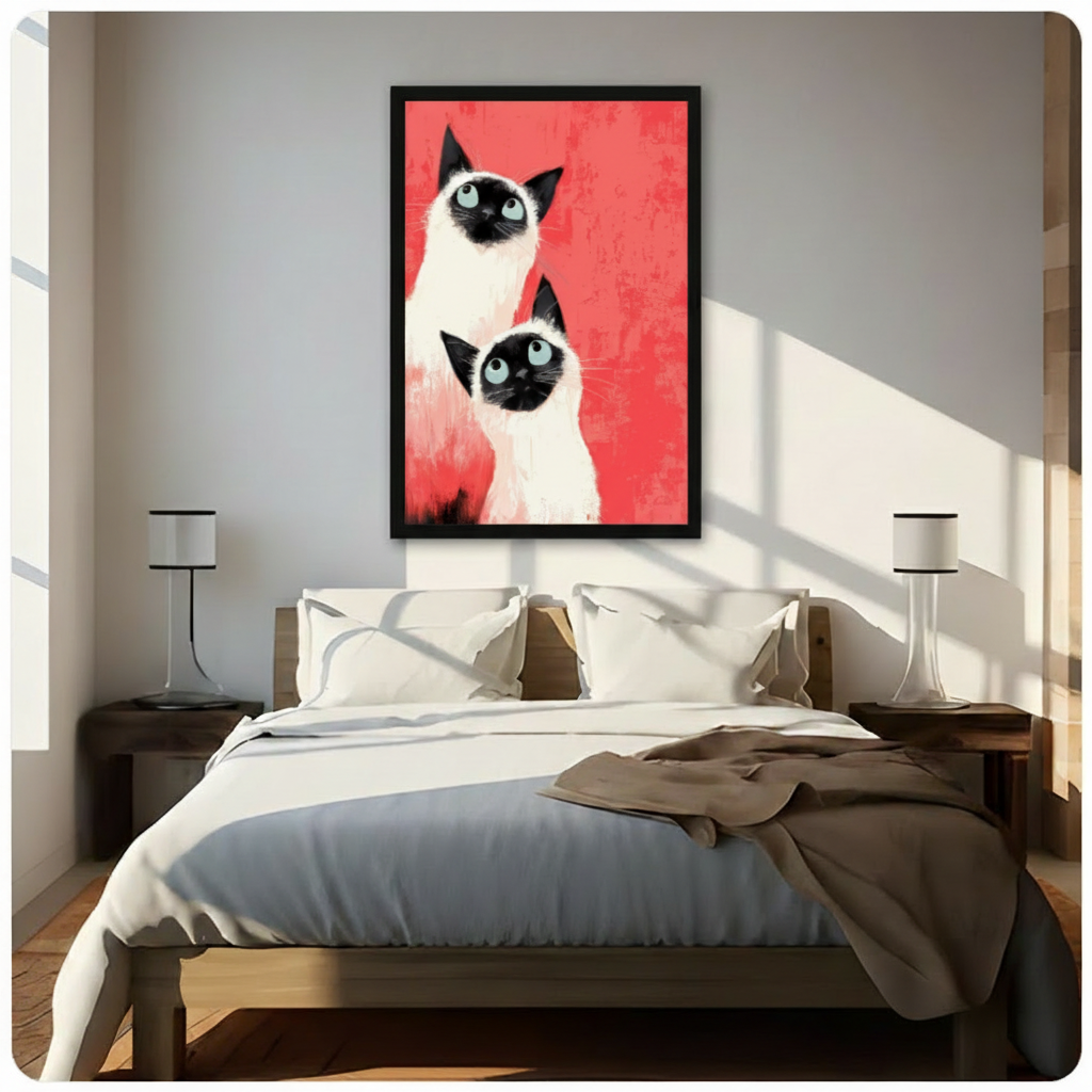 Framed modern expressionist oil painting two Siamese cats with teal blue eyes and black facial markings gazing forward on vivid red textured background canvas print above wooden bed in sunlit minimalist bedroom - bold Siamese cat duo wall art with brushstroke coral red background for contemporary bedroom home decor