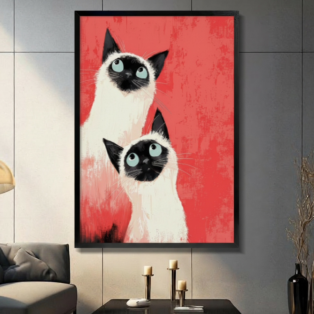 Framed modern expressionist oil painting two Siamese cats with blue eyes and black markings staring forward on bold red textured background canvas print on dark grey tile wall in modern living room - striking Siamese cat duo wall art with vivid coral red background for contemporary home decor