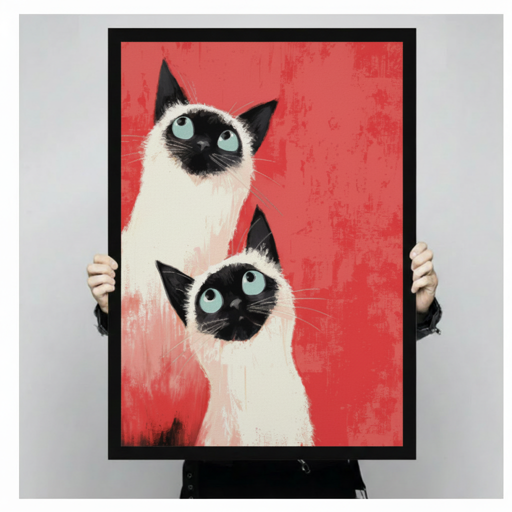 Person holding large framed modern expressionist oil painting two Siamese cats with blue eyes and black markings staring forward on bold red textured background canvas print with both hands - close up view of striking Siamese cat duo wall art with vivid coral red background and black frame finish