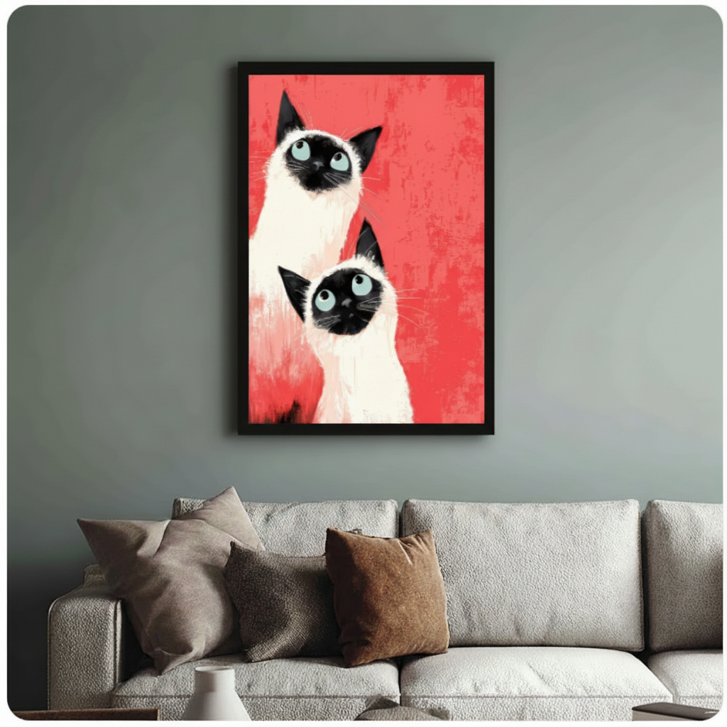 Framed modern expressionist oil painting two Siamese cats with blue eyes and black markings staring forward on bold red textured background canvas print above cream sofa on sage blue-grey wall - striking Siamese cat duo wall art with vivid coral red background for stylish living room decor