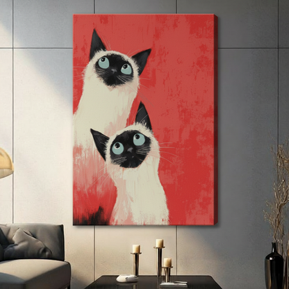 Unframed modern expressionist oil painting two Siamese cats with teal blue eyes and black facial markings gazing forward on vivid red textured background canvas print on dark grey tile wall in contemporary living room - bold Siamese cat duo wall art with brushstroke coral red background for modern interior decor