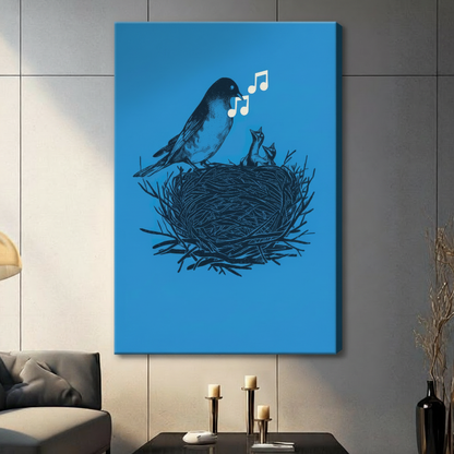 Gallery wrapped canvas art featuring vintage illustration of bird singing musical notes to nestlings in detailed twig nest on bright cerulean blue background, hung on grey wall