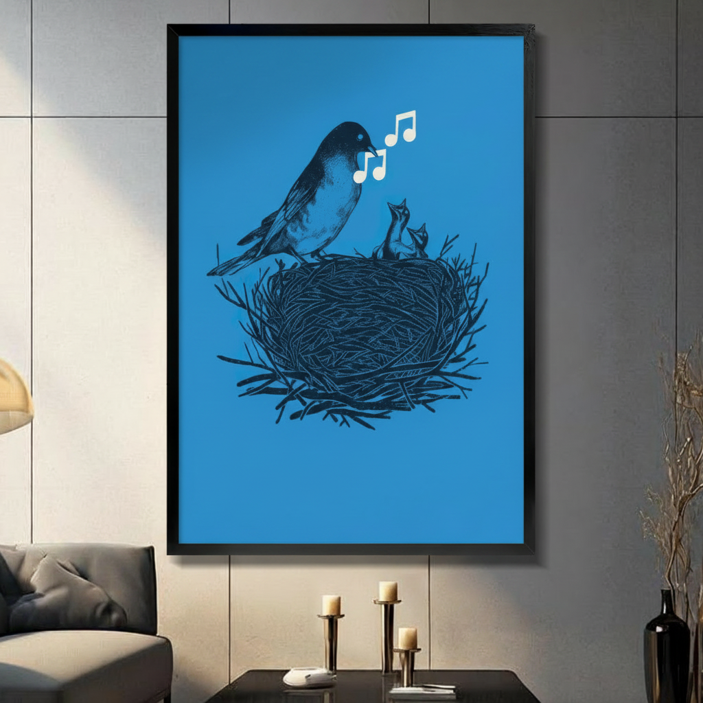 Black framed canvas print of mother bird singing to baby chicks in nest with white music notes on vivid blue background, displayed on grey wall above console table with candles
