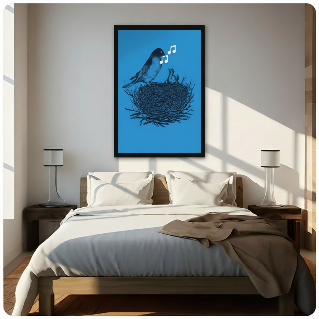 Large framed vintage songbird wall art above bed, depicting mother bird with white music notes and baby chicks in nest on vivid cerulean blue background, in sunlit neutral bedroom