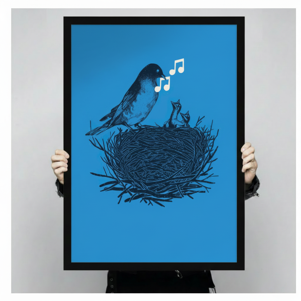 Hand-held black framed poster print of retro illustration featuring mother bird singing white music notes to nestlings in detailed bird nest on bright blue background
