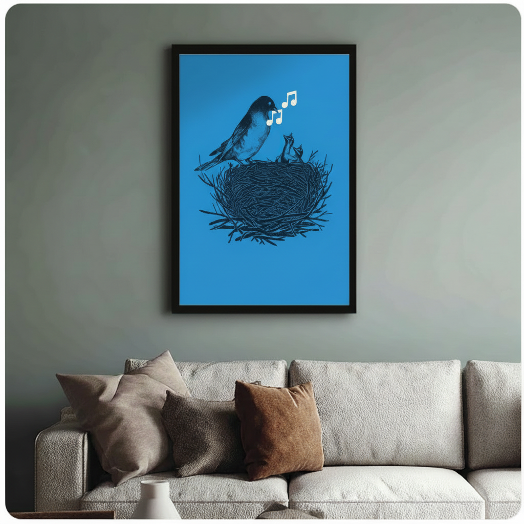 Framed retro bird wall art print of mother songbird with white music notes serenading baby chicks in nest on bold blue background, displayed above linen sofa in sage green living room

