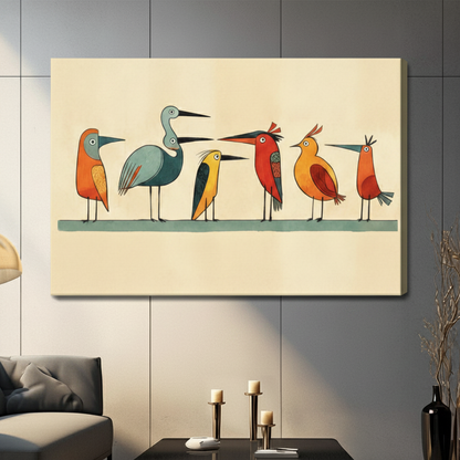 Retro Scandinavian-style art print of six stylized flat birds in a lineup on a teal stripe featuring orange red blue-gray yellow-green and amber tones with minimal geometric shapes on a warm cream background mid-century bird wall art stretched canvas in a living room with dark gray sofa candle holders and black vase