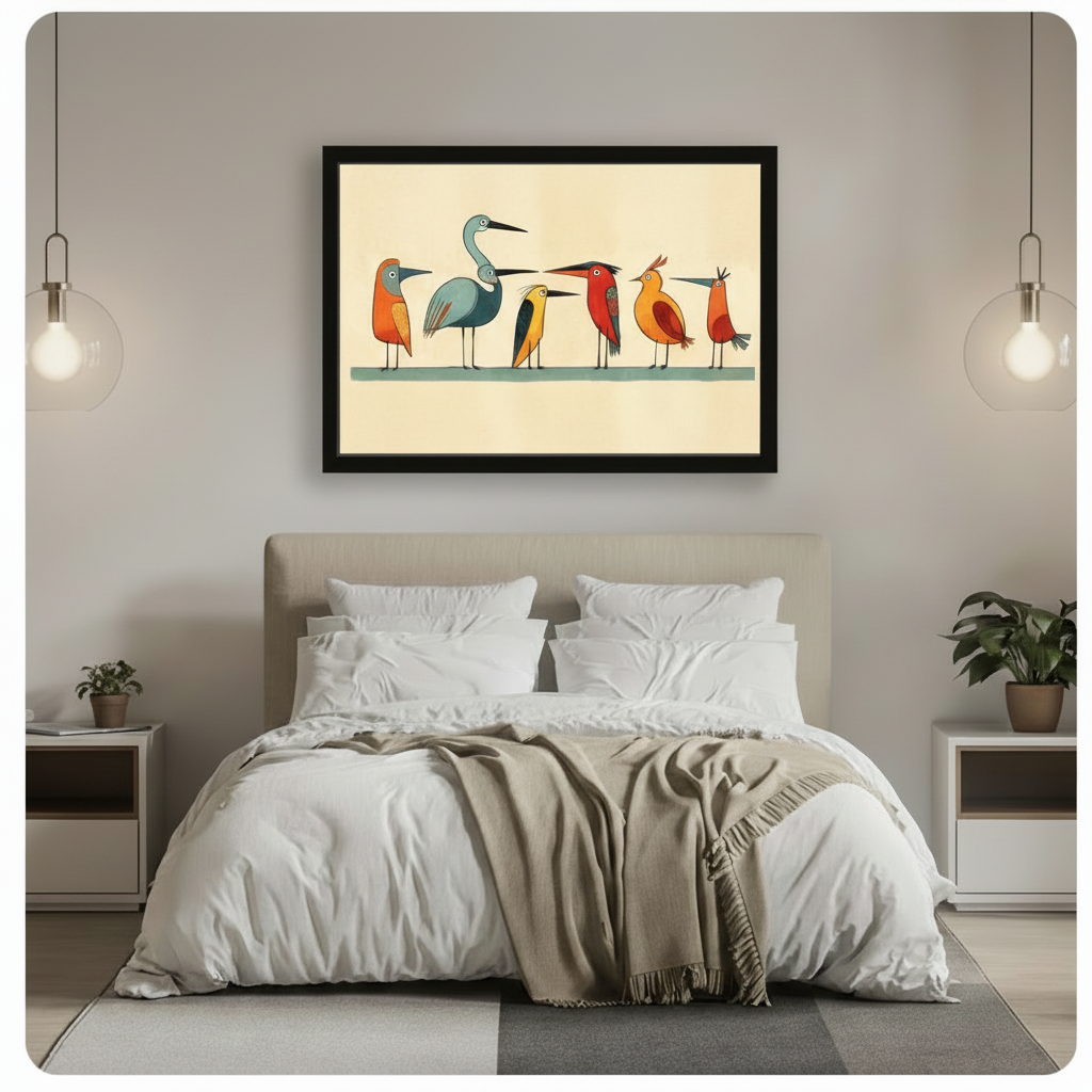 Mid-century modern illustration of six flat stylized birds standing in a row on a teal stripe in warm orange red blue-gray yellow and amber tones on a cream background retro folk bird wall art framed print above a modern bedroom with white linen bedding white nightstands potted plants and glass pendant lights