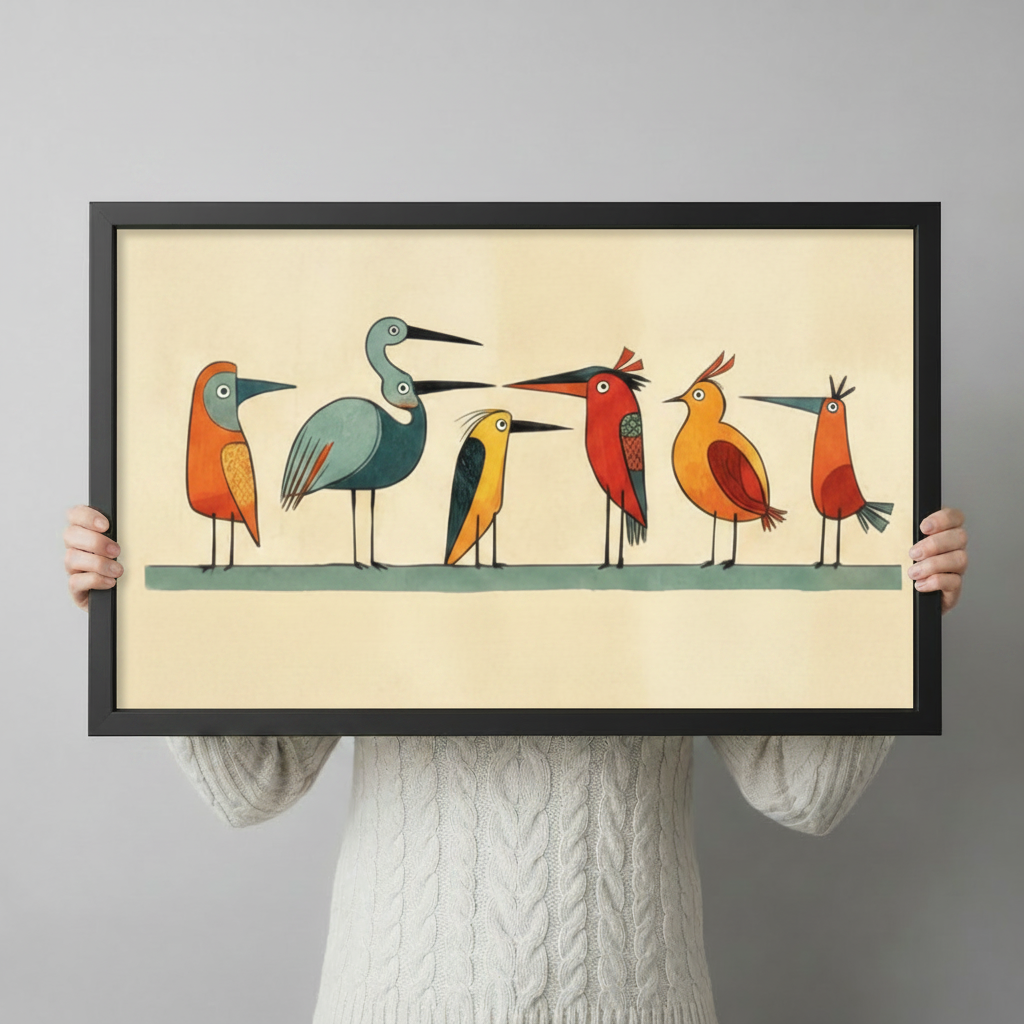 Folk art poster of six quirky geometric birds in a row on a teal line in orange red gray-blue yellow-green and amber tones on a warm cream background retro mid-century bird wall art framed print held up against a light gray background