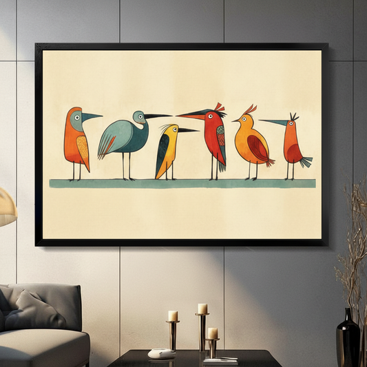 Mid-century modern folk art illustration of six quirky birds standing in a row on a teal line including a round orange bird a tall gray-blue heron a yellow-green bird a red crested bird an orange round bird and a small red-orange bird on a warm cream background retro bird wall art framed print in a living room with dark gray tiled wall gray sofa candle holders and black vase