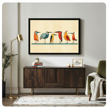 Retro folk art print of six quirky geometric birds including a round orange bird a tall gray heron a yellow-green bird a red crested bird and two small round birds lined up on a teal stripe against a warm cream background mid-century bird wall art framed print above a living room dark wood sideboard with gold floor lamp green armchair and potted plants