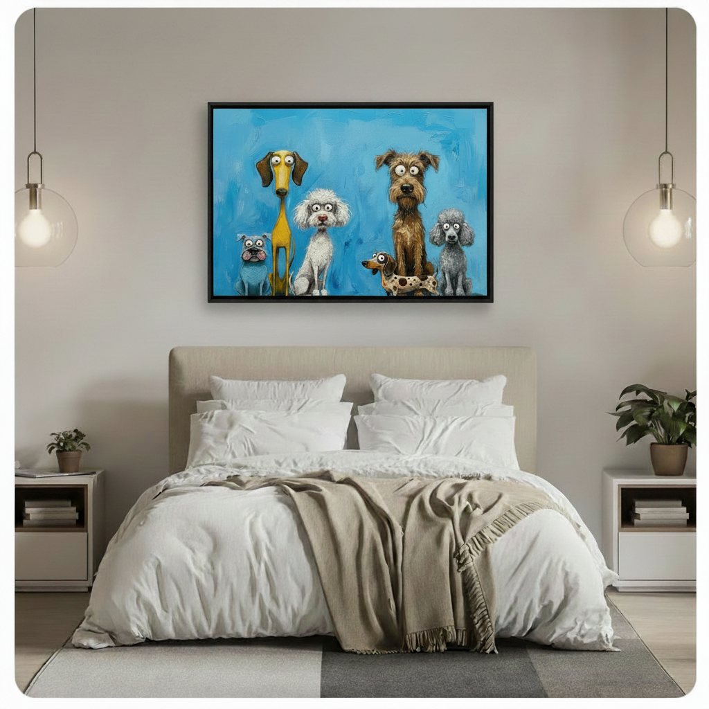 Six cartoon dogs gallery wrap canvas on wall — canvas with vivid blue background and visible edge depth for modern American home