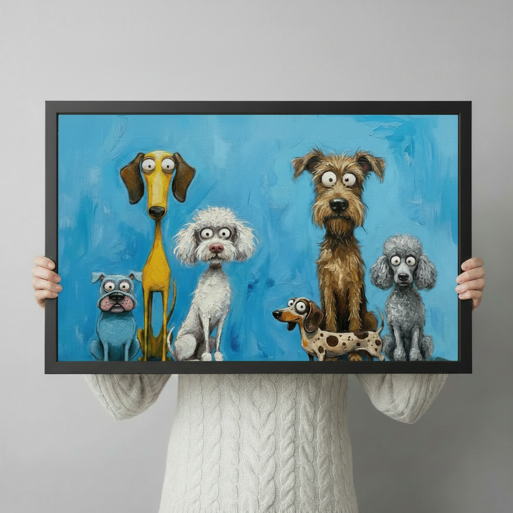 Funny six dogs framed canvas on light gray wall above white armchair — whimsical blue dog illustration horizontal print for eclectic American interior decor