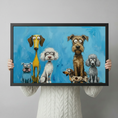 Funny six dogs framed canvas on light gray wall above white armchair — whimsical blue dog illustration horizontal print for eclectic American interior decor