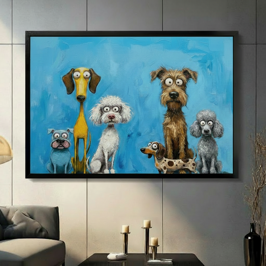 Six silly dogs framed canvas wall art in black frame — six cartoon dogs with big eyes on vivid blue background displayed above sofa in modern American living room