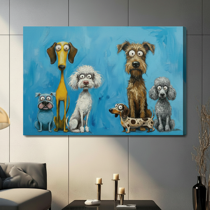 Six dogs stretched canvas wall art — frameless gallery wrap horizontal print with vivid blue background above gray sofa in contemporary American home