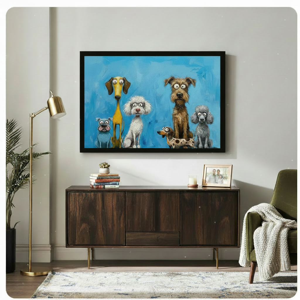Six cartoon dogs gallery wrap canvas on wall — frameless stretched canvas with vivid blue background and visible edge depth for modern American home