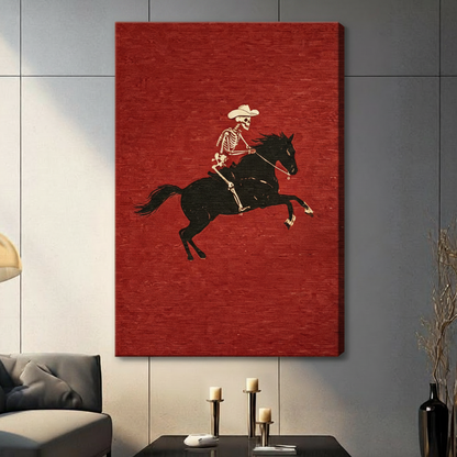 Gallery wrap canvas retro skeleton cowboy in white hat on rearing black horse bold woodcut style deep red background western wall art