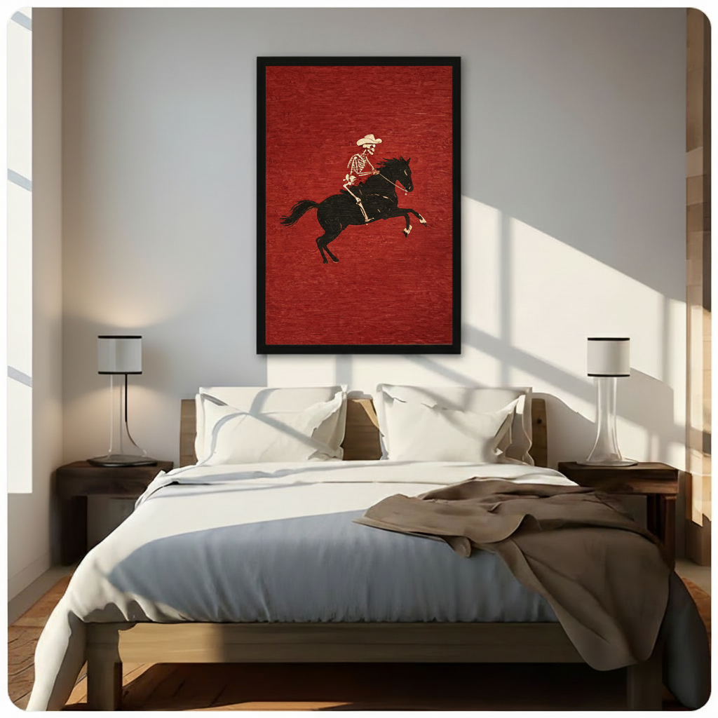 Black framed retro skeleton cowboy on rearing black horse deep red woodcut canvas wall art above dark wood bed white linen