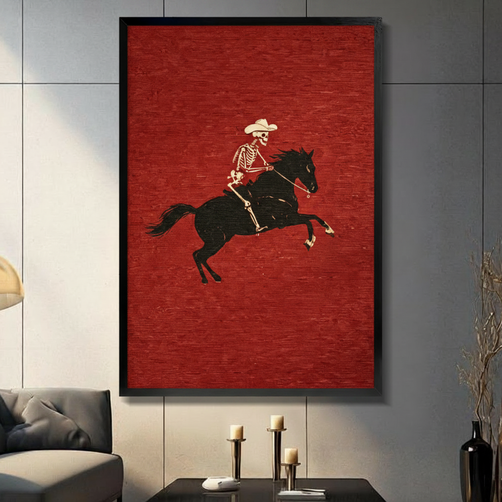 Black framed retro skeleton cowboy riding a rearing black horse woodcut illustration on deep red textured background western canvas wall art