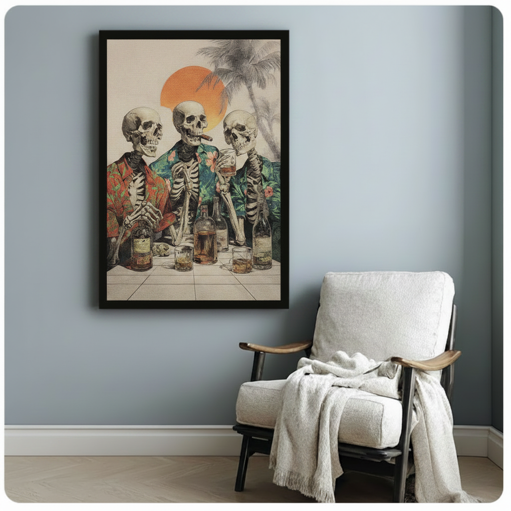 Black framed retro pop art three skeletons in tropical Hawaiian shirts drinking whiskey and smoking cigar at sunset canvas print beside white linen armchair on blue-grey wall - funny skull party with palm trees and orange sun wall art for reading nook or bedroom decor