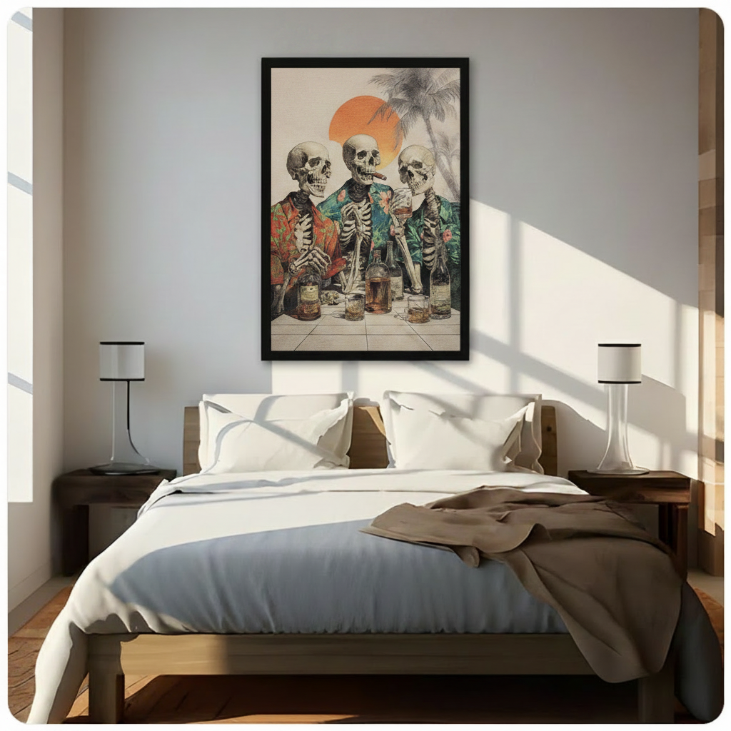 Framed retro pop art three skeletons in tropical Hawaiian shirts drinking whiskey with cigar at sunset canvas print above wooden bed in sunlit minimalist bedroom - funny skull party with palm trees and orange sun oil painting wall art for contemporary bedroom home decor