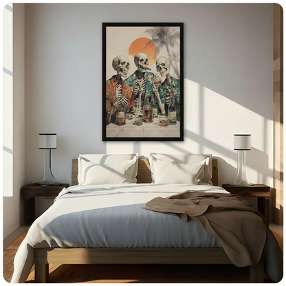 Framed retro pop art three skeletons in tropical Hawaiian shirts drinking whiskey with cigar at sunset canvas print above wooden bed in sunlit minimalist bedroom - funny skull party with palm trees and orange sun oil painting wall art for contemporary bedroom home decor