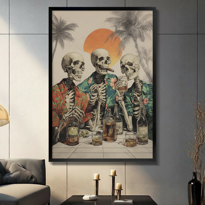 Framed retro pop art three skeletons in colorful Hawaiian shirts drinking whiskey at sunset canvas print on dark grey wall in modern living room - humorous skull party with cigar palm tree and orange sun oil painting wall art for contemporary home decor