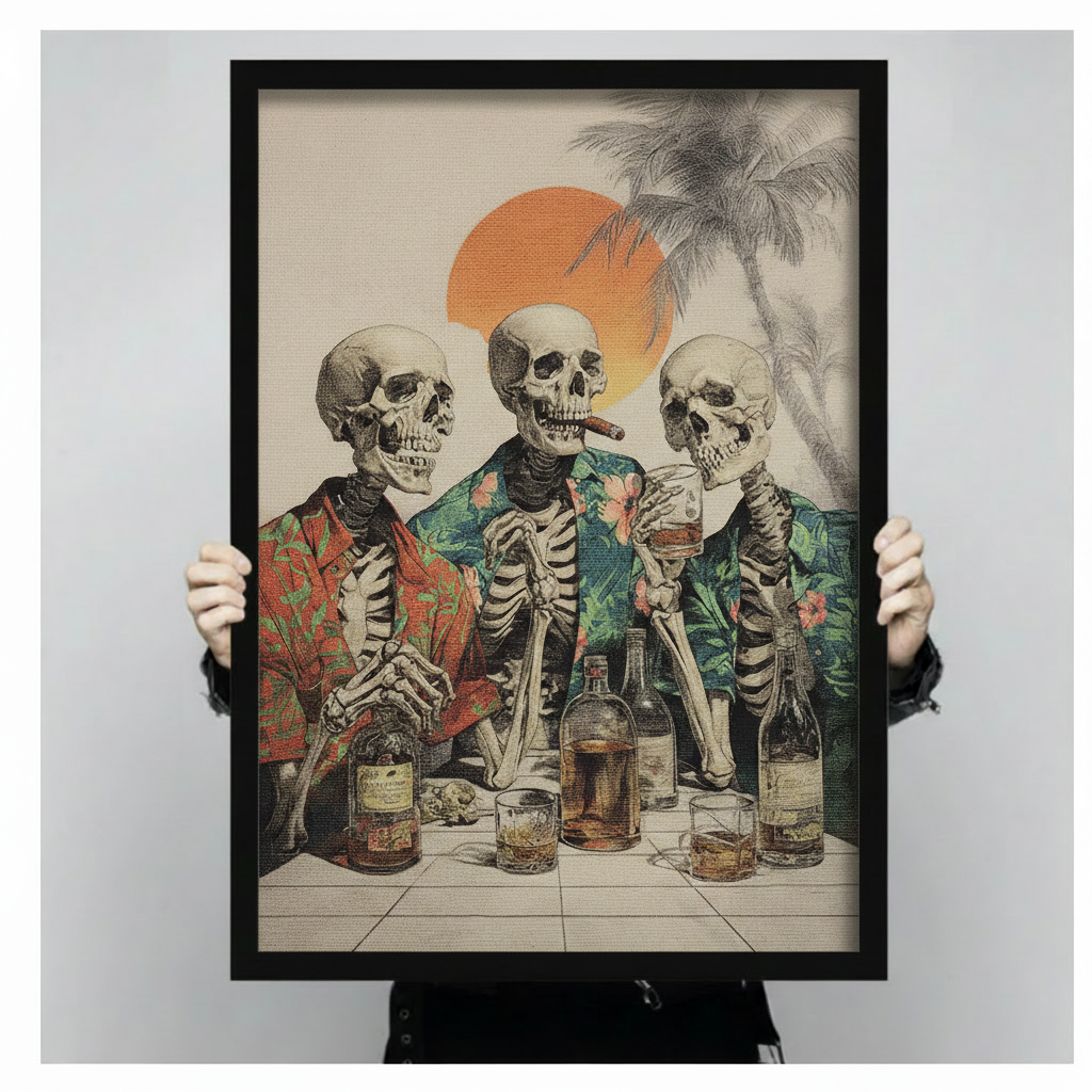 Person holding large framed retro pop art three skeletons in colorful Hawaiian shirts drinking whiskey at sunset canvas print with both hands - close up view of humorous skull party with cigar palm trees and warm orange sun oil painting wall art with black frame finish