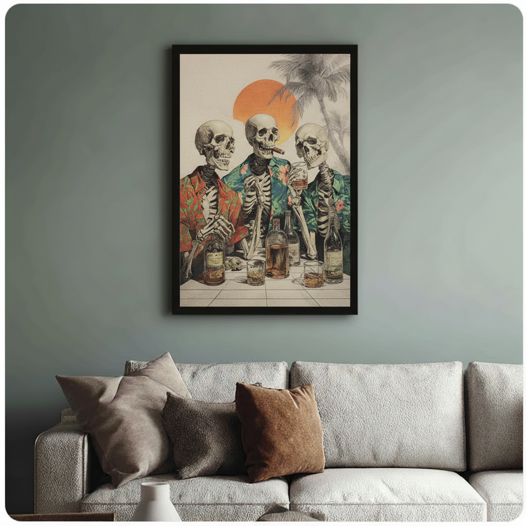 Framed retro pop art three skeletons in colorful Hawaiian shirts drinking whiskey at sunset canvas print above cream sofa on sage green wall - humorous skull party with cigar palm trees and warm orange sun oil painting wall art for stylish living room decor
