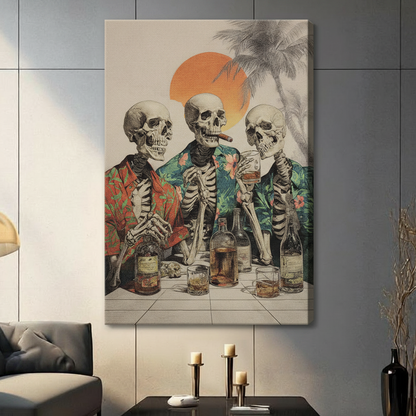 Unframed retro pop art three skeletons in tropical Hawaiian shirts drinking whiskey with cigar at sunset canvas print on dark grey wall in contemporary living room - funny skull party with palm trees and orange sun oil painting wall art for modern interior decor
