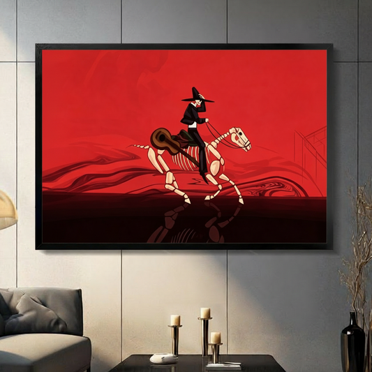 Bold graphic Day of the Dead illustration of a skull-faced figure in a black wide-brim hat riding a full skeleton horse at full gallop with a brown guitar on saddle against a vivid red background with dark crimson ground striking skeleton wall art framed print in a living room with dark gray panel wall dark sofa and black vase