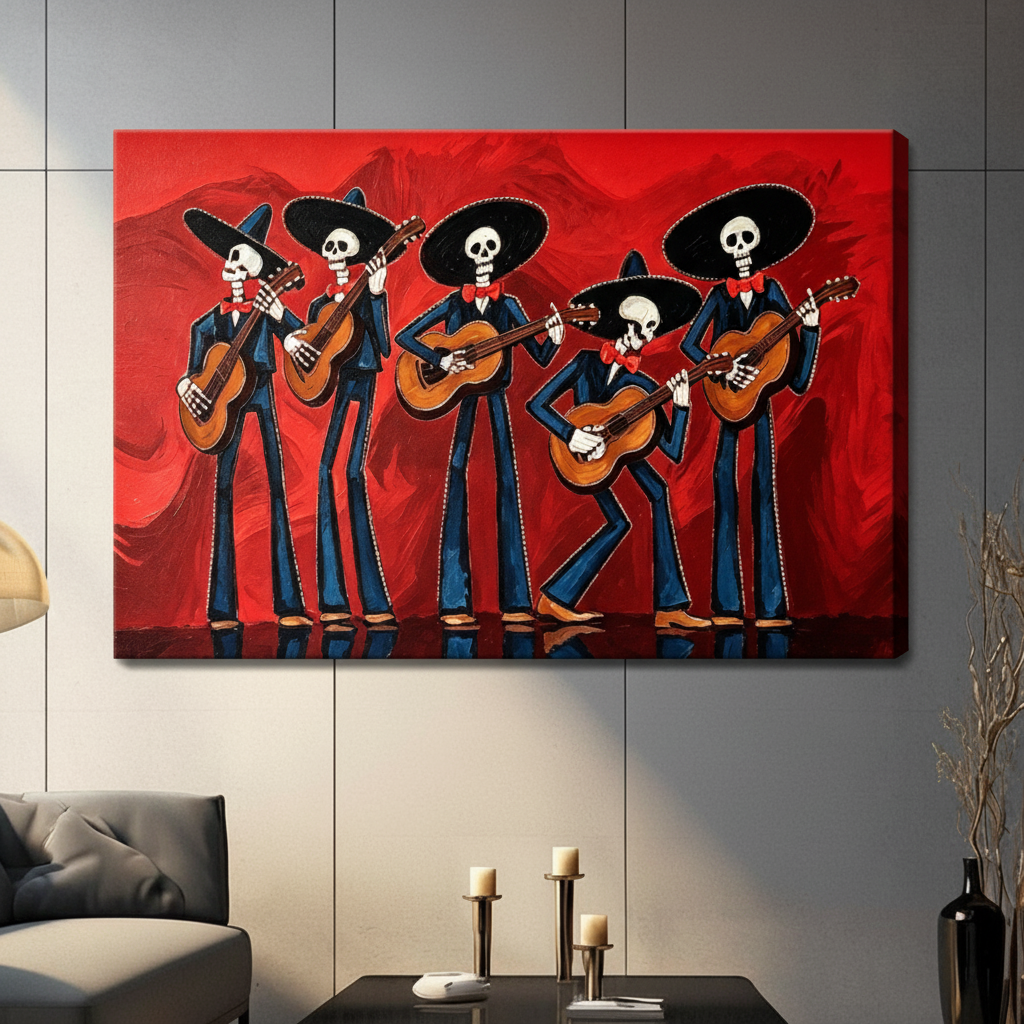 Vibrant Mexican folk art oil painting of five skeleton mariachi band members in black charro suits with red bow ties and large black sombreros playing acoustic guitars with expressive poses against a bold red impasto brushstroke background Day of the Dead skeleton band stretched canvas in a living room with dark gray sofa candle holders and black vase