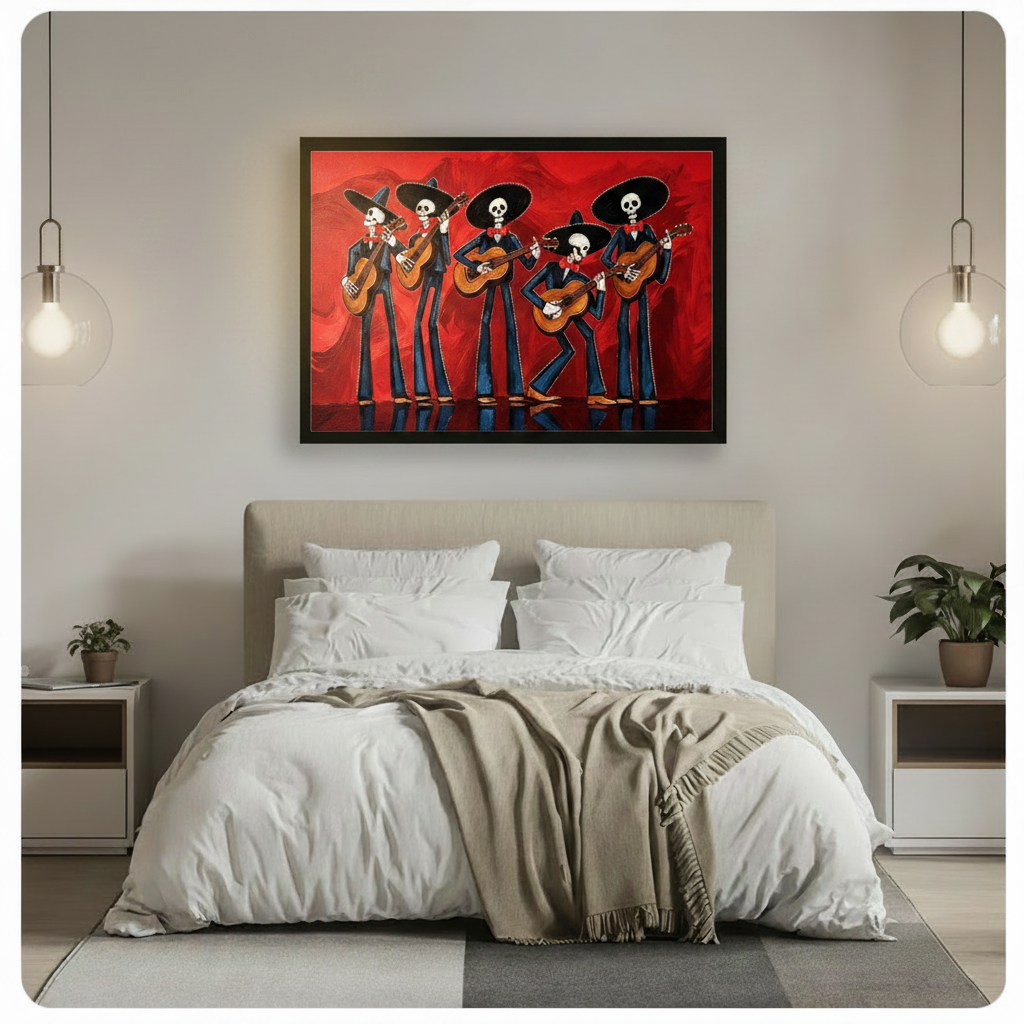 Bold Day of the Dead oil painting of five skeleton mariachi players in black suits red bow ties and black sombreros performing with acoustic guitars against a vivid red impasto background festive Mexican skeleton band wall art framed print above a modern bedroom with white linen bedding white nightstands potted plants and glass pendant lights