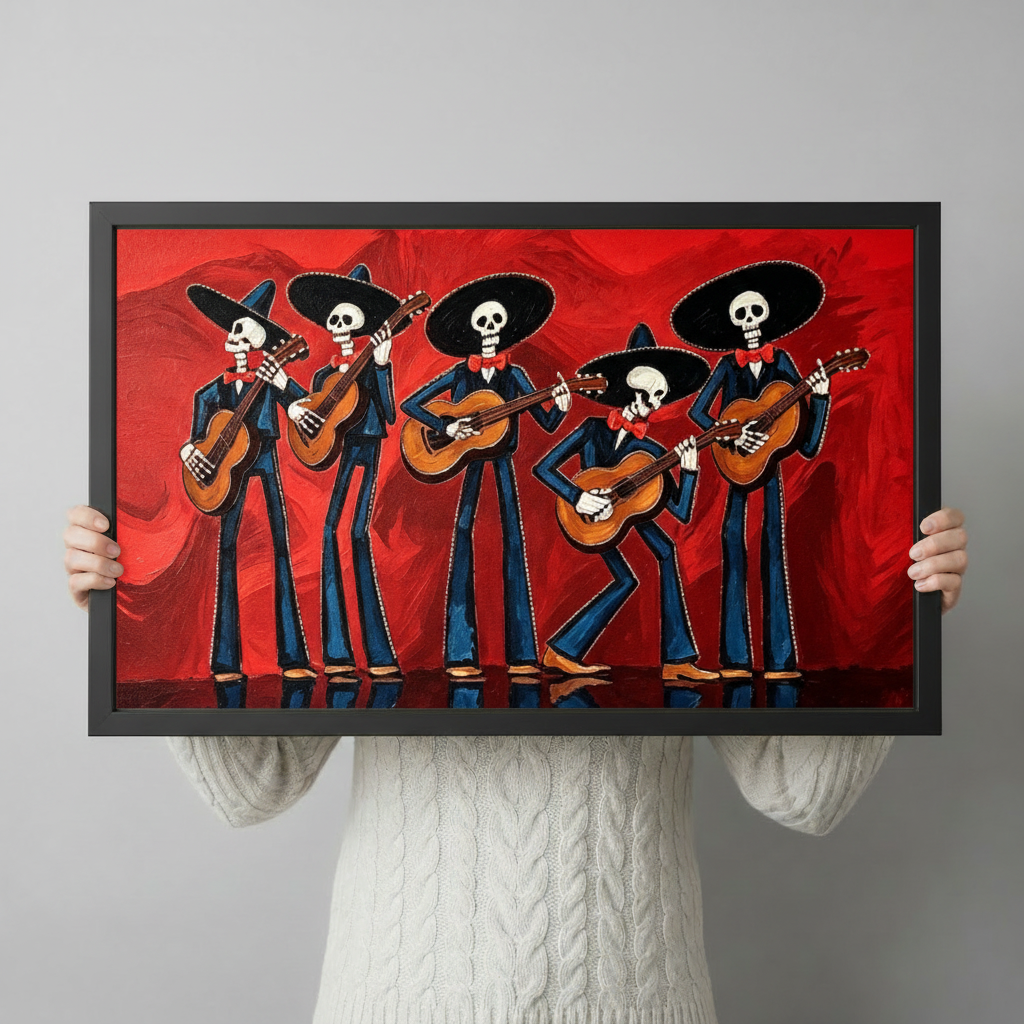 Dia de los Muertos art print of five skeleton mariachi musicians wearing black charro suits red bow ties and wide brim sombrero hats all playing acoustic guitars one dancing energetically against a vivid red oil painting background bold Mexican skeleton mariachi wall art framed print held up against a light gray background
