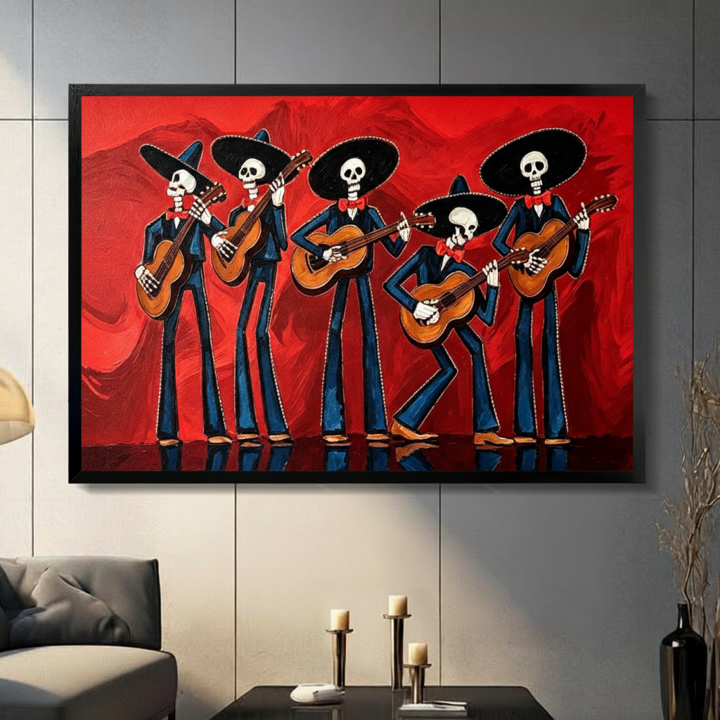 Bold Day of the Dead oil painting of five skeleton mariachi musicians in black charro suits red bow ties and wide sombrero hats playing acoustic guitars against a vivid red brushstroke background one skeleton dancing while playing Dia de los Muertos wall art framed print in a living room with dark gray tiled wall gray sofa candle holders and black vase