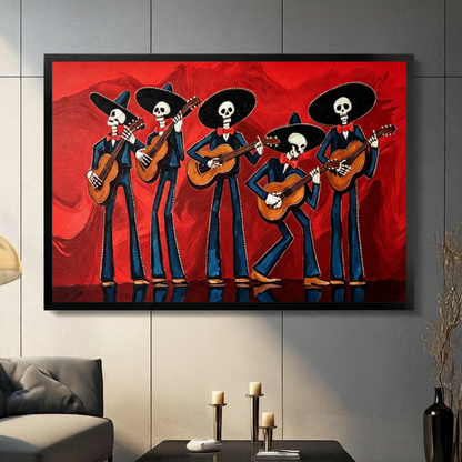 Bold Day of the Dead oil painting of five skeleton mariachi musicians in black charro suits red bow ties and wide sombrero hats playing acoustic guitars against a vivid red brushstroke background one skeleton dancing while playing Dia de los Muertos wall art framed print in a living room with dark gray tiled wall gray sofa candle holders and black vase