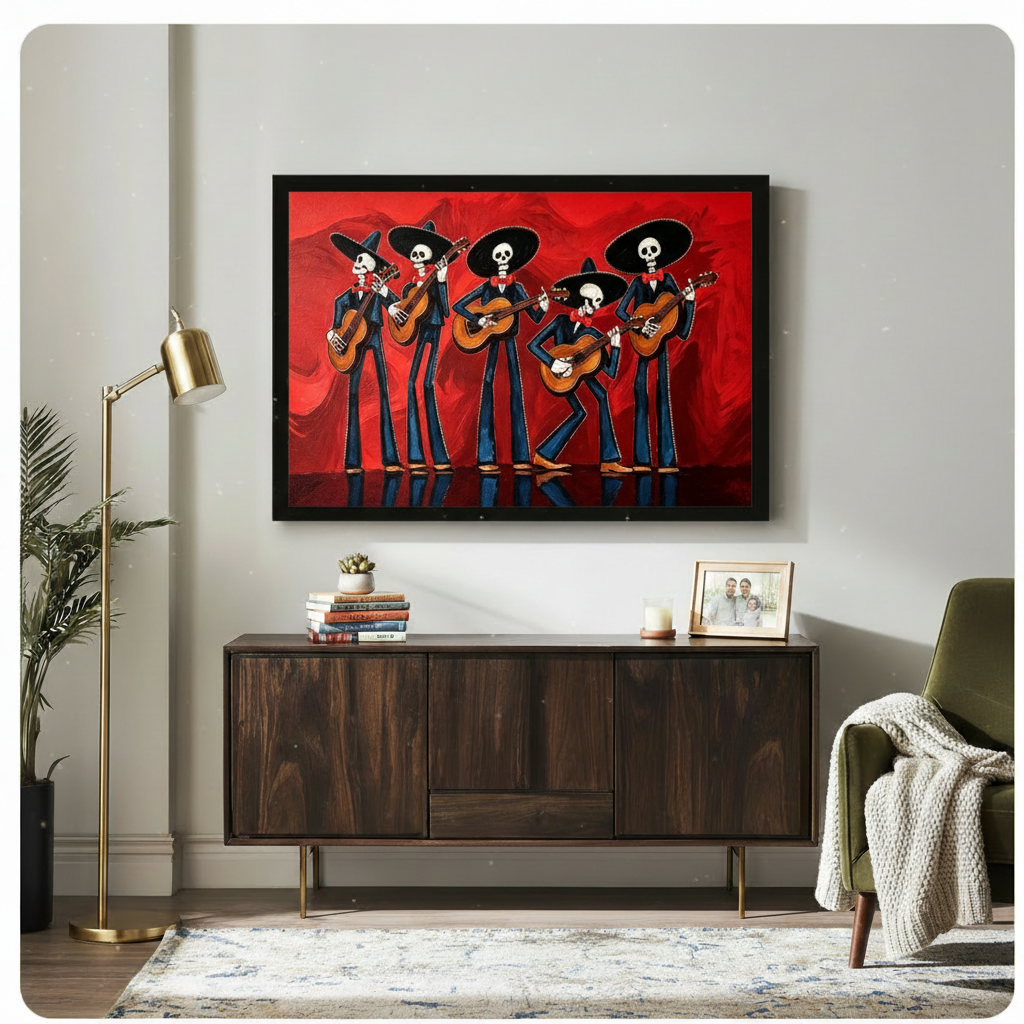 Mexican folk art oil painting of five skeleton mariachi musicians in black charro suits and wide black sombrero hats playing acoustic guitars with one dancing skeleton against a vivid bold red brushstroke background Dia de los Muertos celebration wall art framed print above a living room dark wood sideboard with gold floor lamp green armchair and potted plants