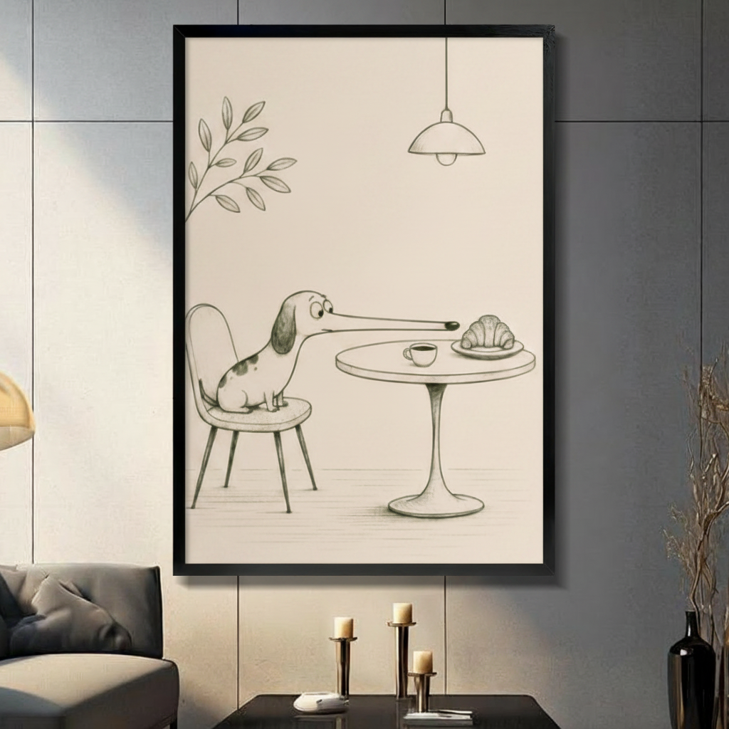 Minimalist pencil sketch dachshund with long nose sniffing croissant and coffee on cafe table black framed canvas art on cream background on a dark gray paneled wall above a charcoal sofa with brass candle holders and a black decorative vase