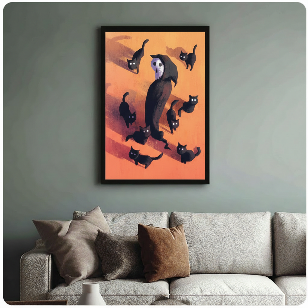 Framed whimsical art print of a cloaked skull figure accompanied by black cats with white glowing eyes on a vibrant orange canvas, styled above a neutral linen sofa