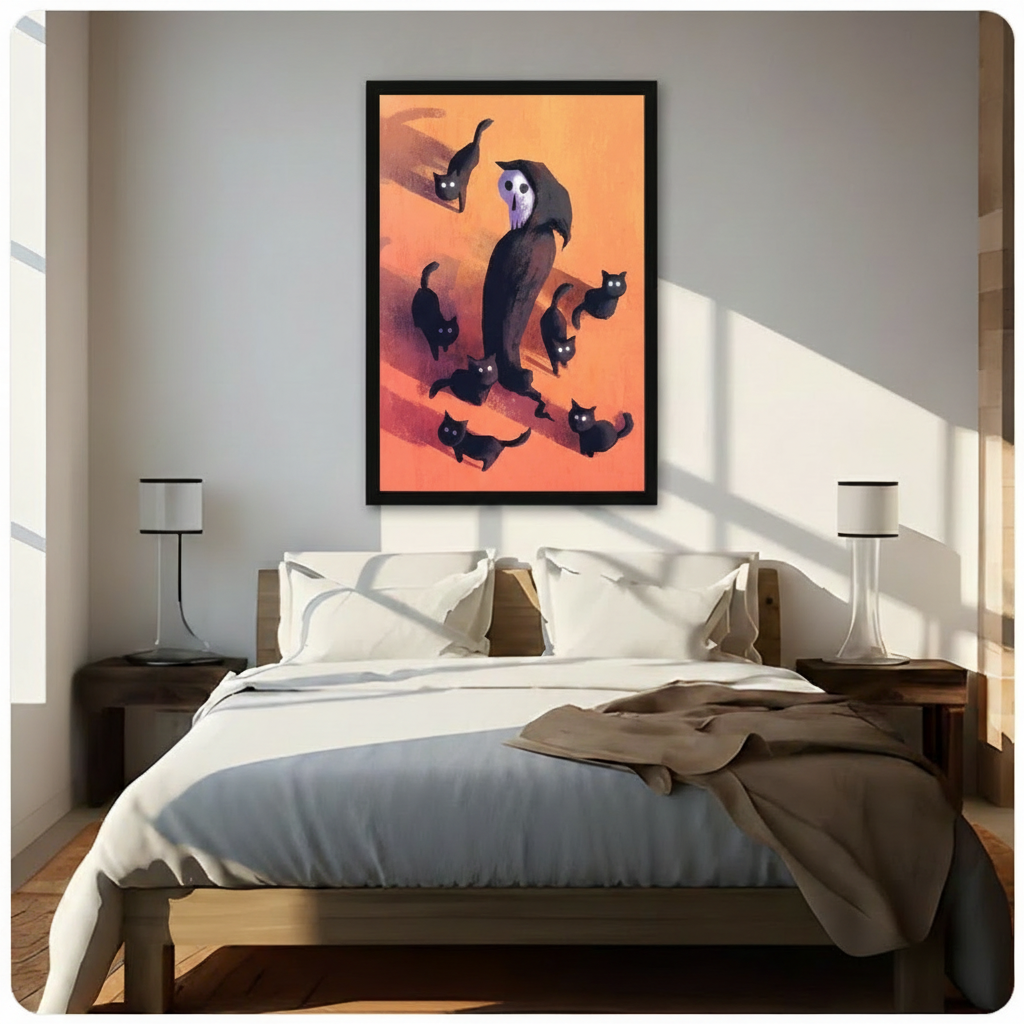 Framed Halloween-inspired canvas of a hooded skull reaper walking with a pack of black glowing-eyed cats on an orange background, displayed above a wooden bed in a sunlit bedroom