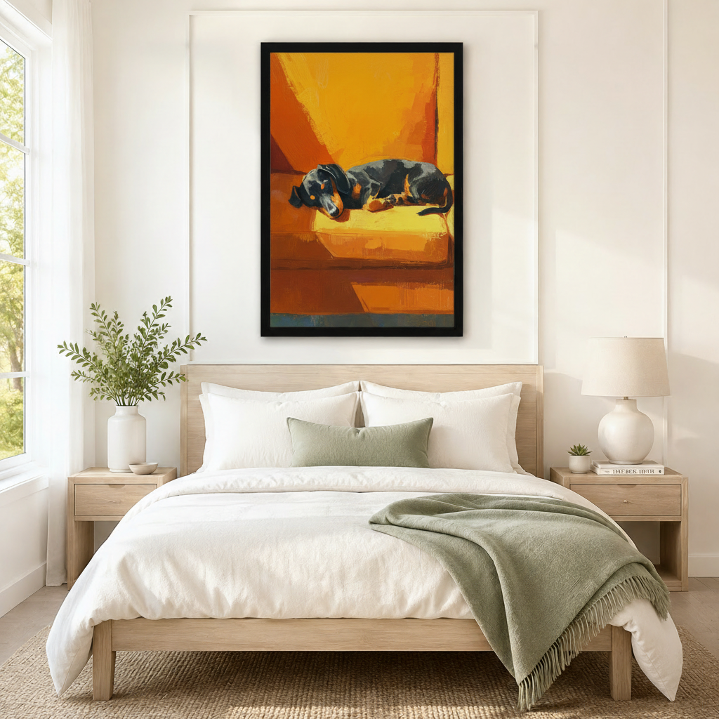 Sleeping dachshund framed canvas art above Scandinavian bedroom bed — golden warm dog portrait wall decor