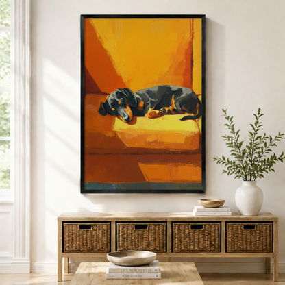 Sleeping dachshund oil style framed canvas wall art displayed above rattan storage bench — warm amber dog portrait print