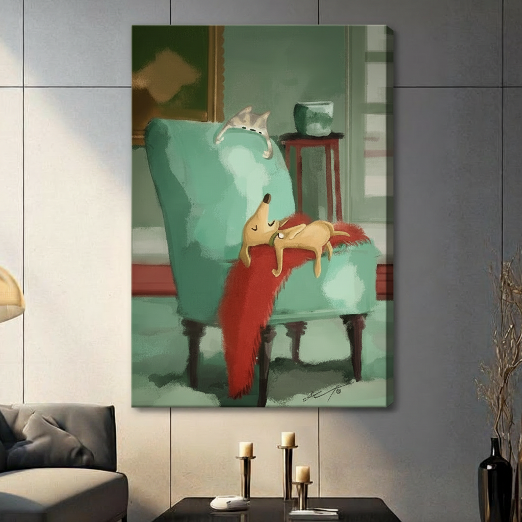 Funny dog napping on teal armchair canvas wrap wall art, frameless style in dark living room scene