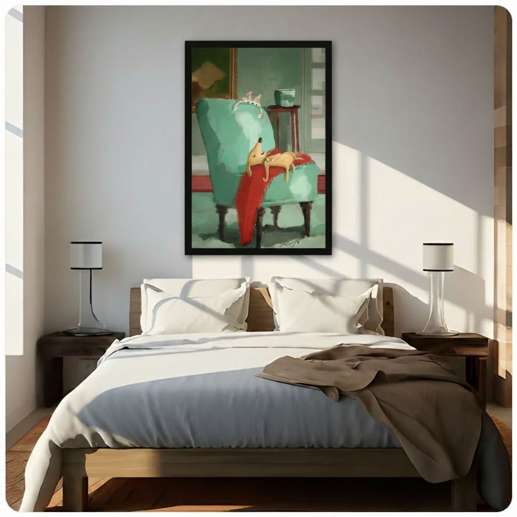 Cute dog and cat wall art in black frame above a white bed in a bright sunlit bedroom