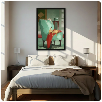 Cute dog and cat wall art in black frame above a white bed in a bright sunlit bedroom
