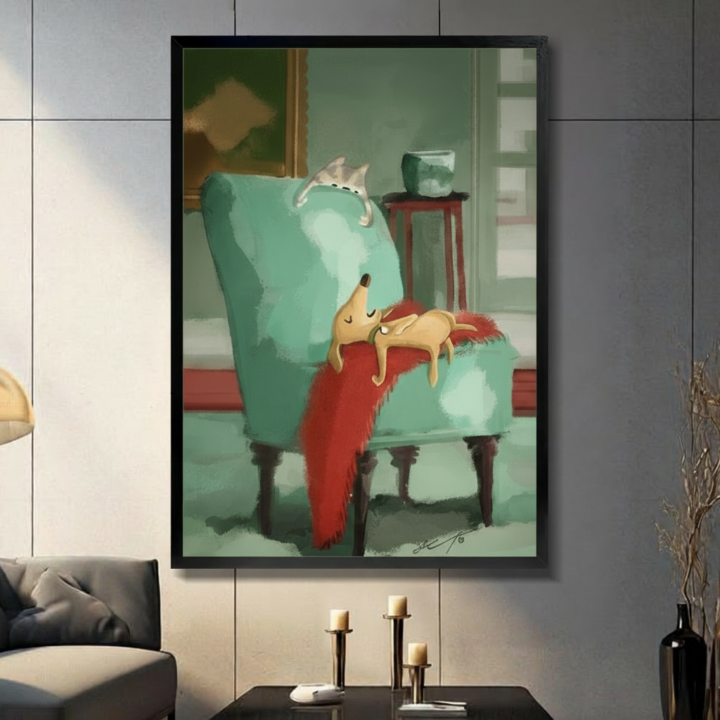 Cute sleeping dog on green armchair framed wall art print displayed in a modern dark living room
